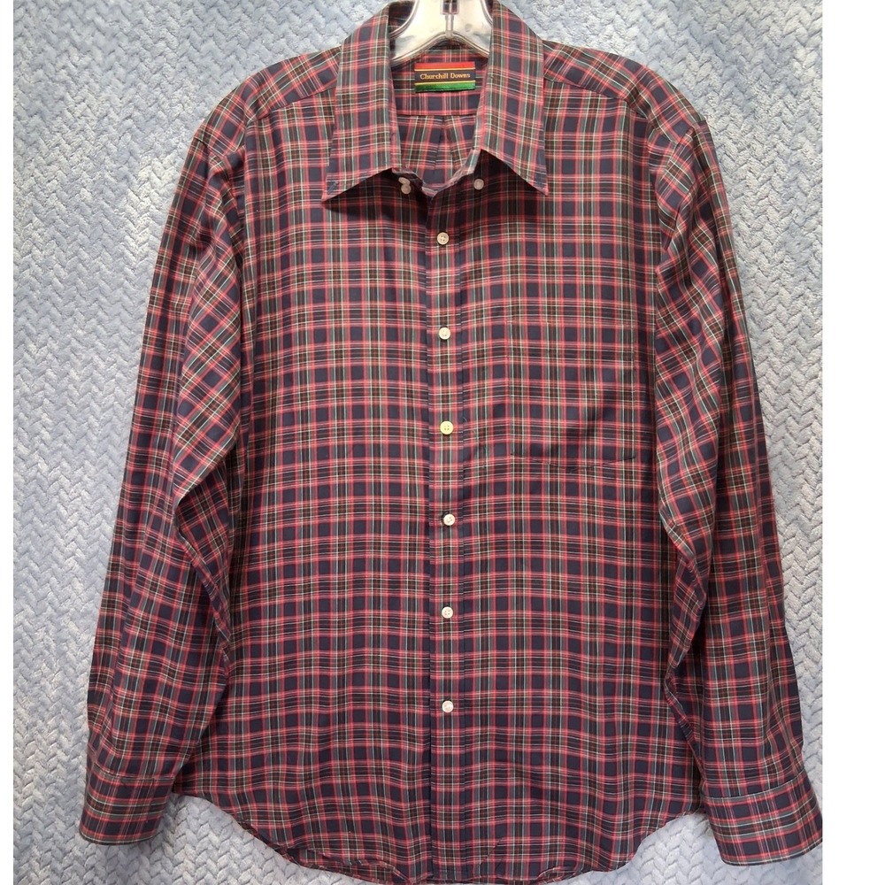 Churchill Downs Mens Plaid Button Down Shirt Red Navy Blue Green Long Sleeve L